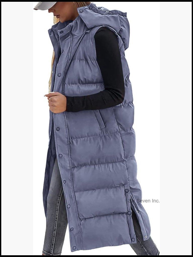 Long Quilted Puffer Vest Women Hooded Zip Up Sleeveless Jacket Winter Coat